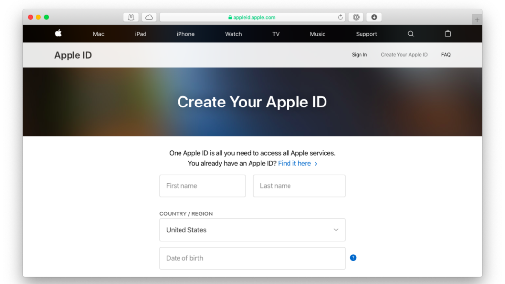 create apple id browser