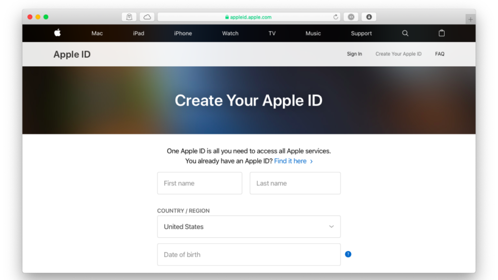 create apple id in safari