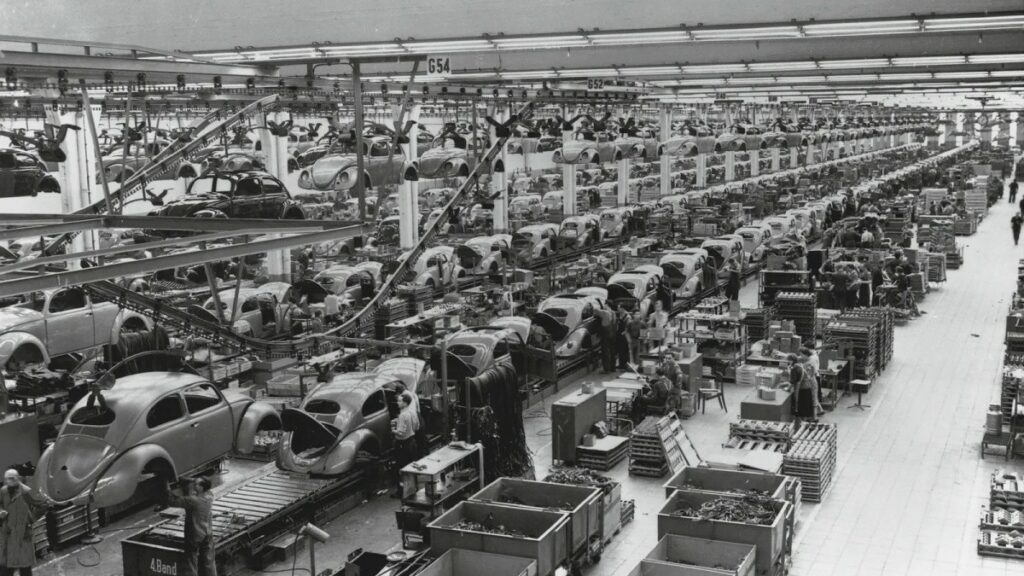 The Volkswagen plant in Wolfsburg, in full production of the Beetle.